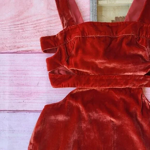 For Love & Lemons Rust Red Kate Velvet Strappy Cutout Overall‎ Mini Dress L - Picture 8 of 10